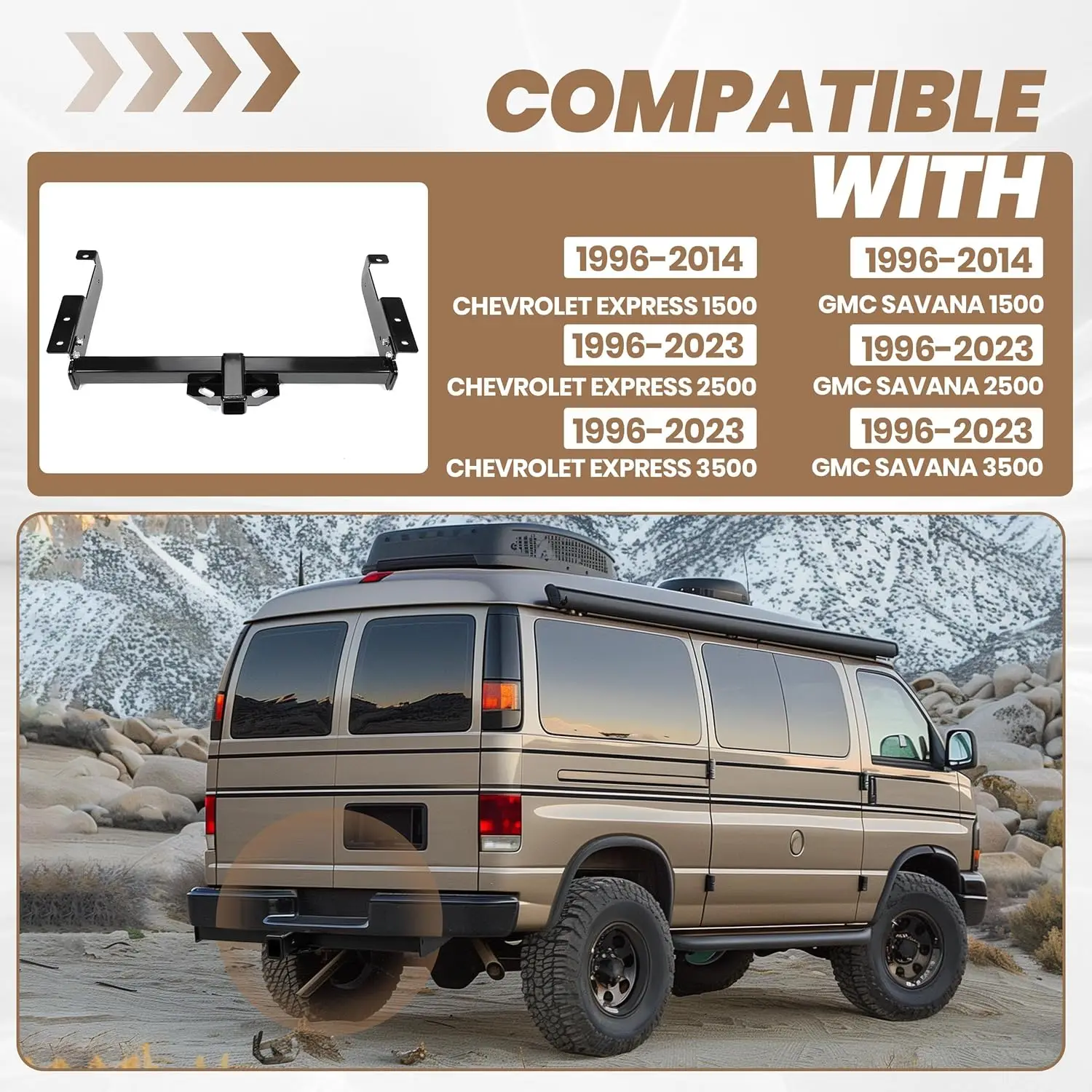 Trailer Towing for 1996-2023 Chevrolet Express & GMC Savana, 2-Inch Class 3, Steel Hitch, Black Coated