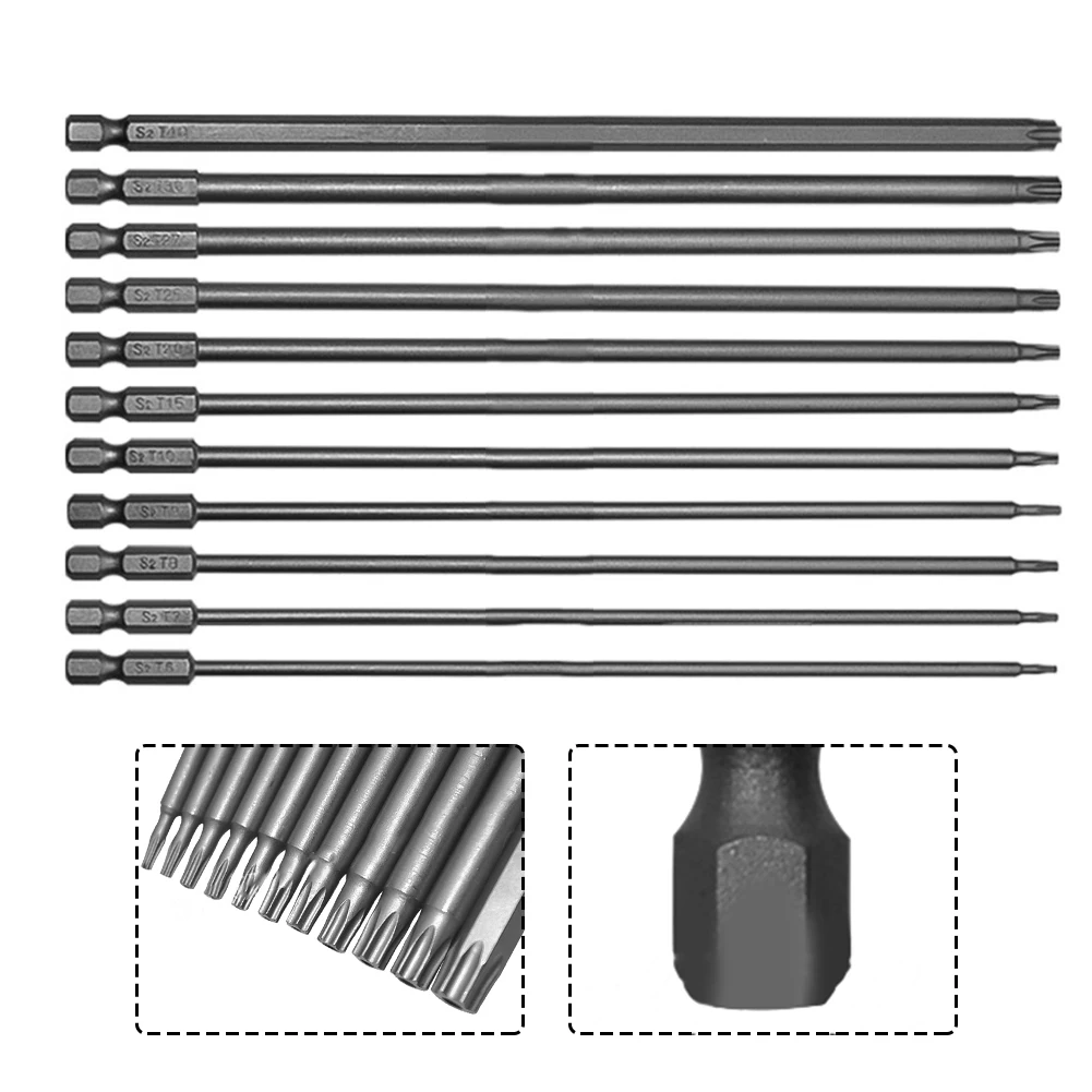 11 pçs torx chave de fenda bit magnética com furo hex haste para broca elétrica 200mm liga equipamentos oficina ferramentas manuais acessórios