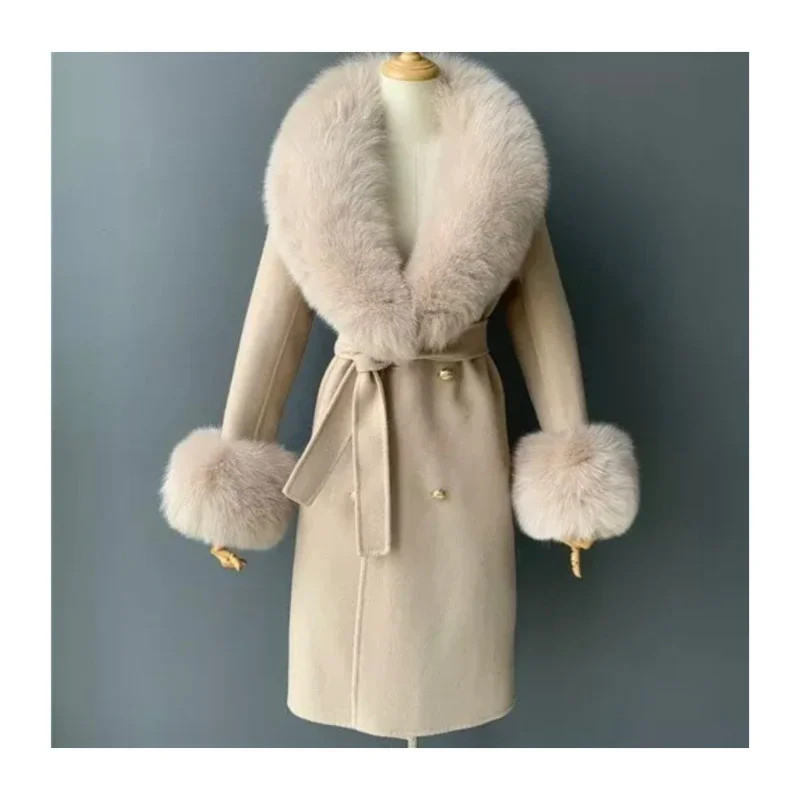 Hot Sales 2024 Coat Cashmere Wool Blends X-long Winter Jacket Women Natural Fox Fur Collar Cuffs Streetwear Outerwear