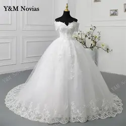 Y&M Customized Off Shoulder Plus Size Vestido De Noiva 2025 Wedding Dress Long Train or Floor Appliqe Pearl Bridal Tulle Mariage