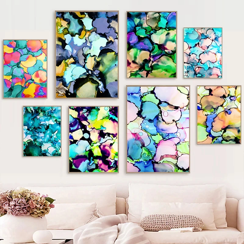 Color Texture Watercolor Liquid Bubbles Cell Abstract Canvas Painting Pictures Prints For Living Room Wall Art Decor Posters