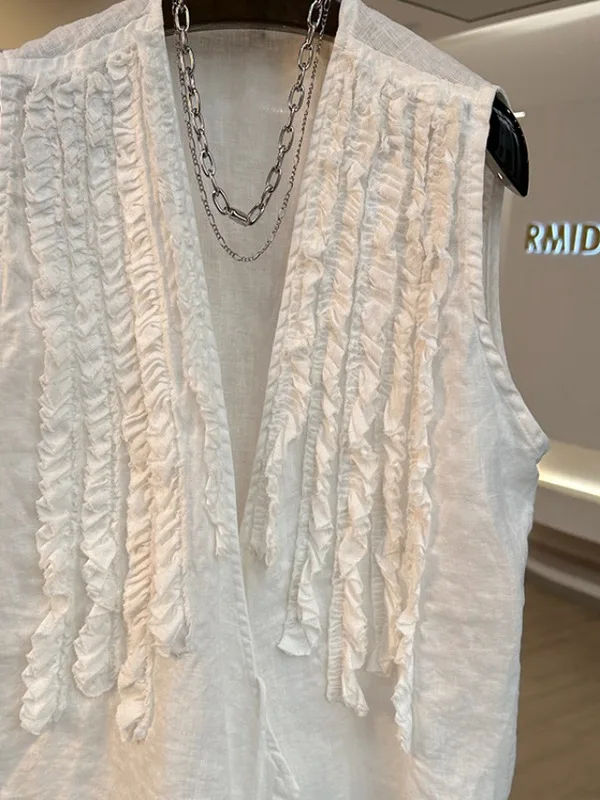 

Ele Slimming Linen Vest Women's Svel Jaet 2025 Summer Faion Wooden Ear Trim V-ne Belted Regular Thin