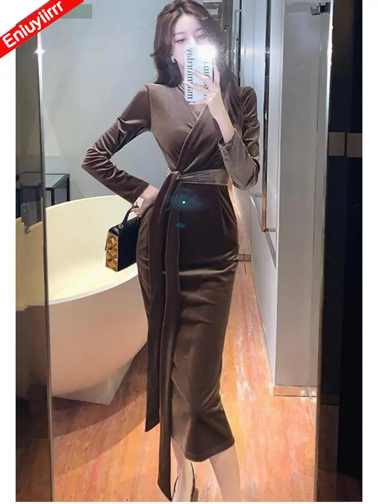 Women 2023 New Year Winter Spring Basic Wear Feminine Vestidos Lace-Up Sexy French Black Long Elegant Party Velvet Pencil Dress