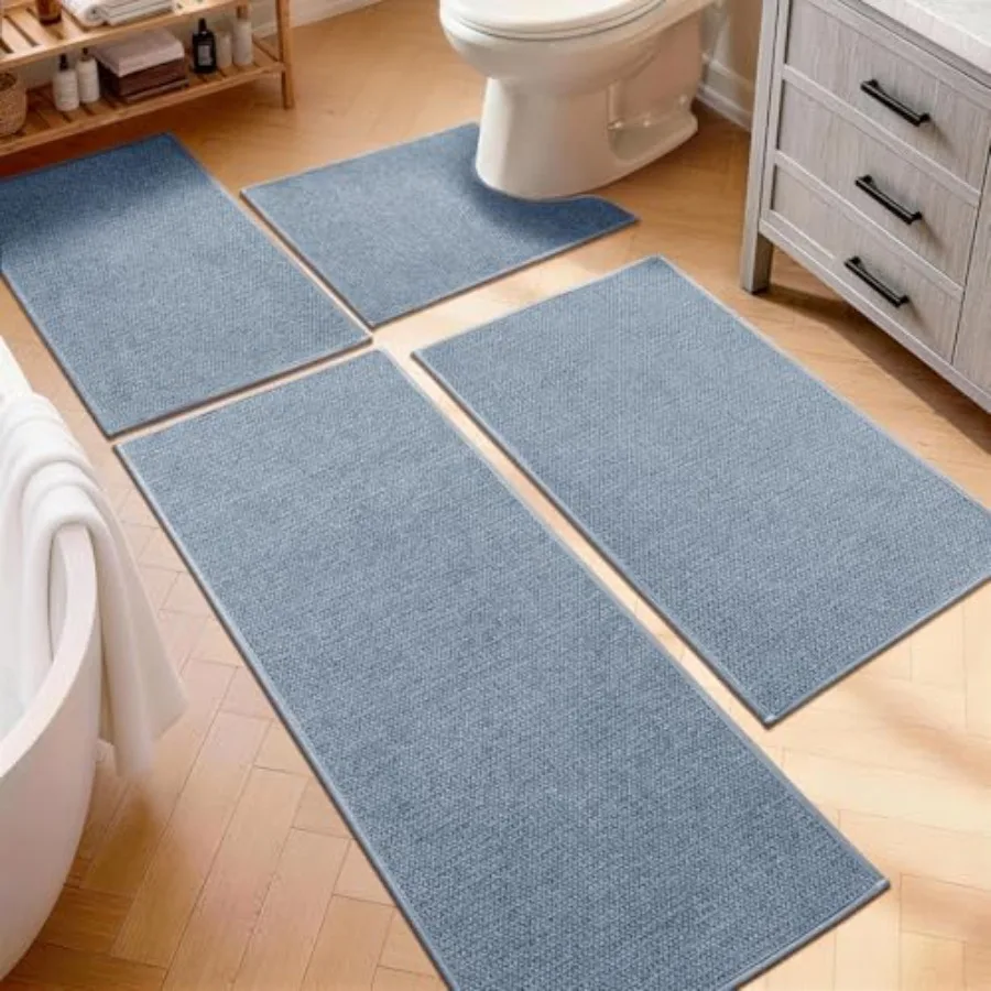

Bathroom Rugs Sets 4 Pcs Quick Dry Thin Bath Mat with Toilet Rug Non Slip Absorbent Machine Washable Bath Runner Rugs for Batht