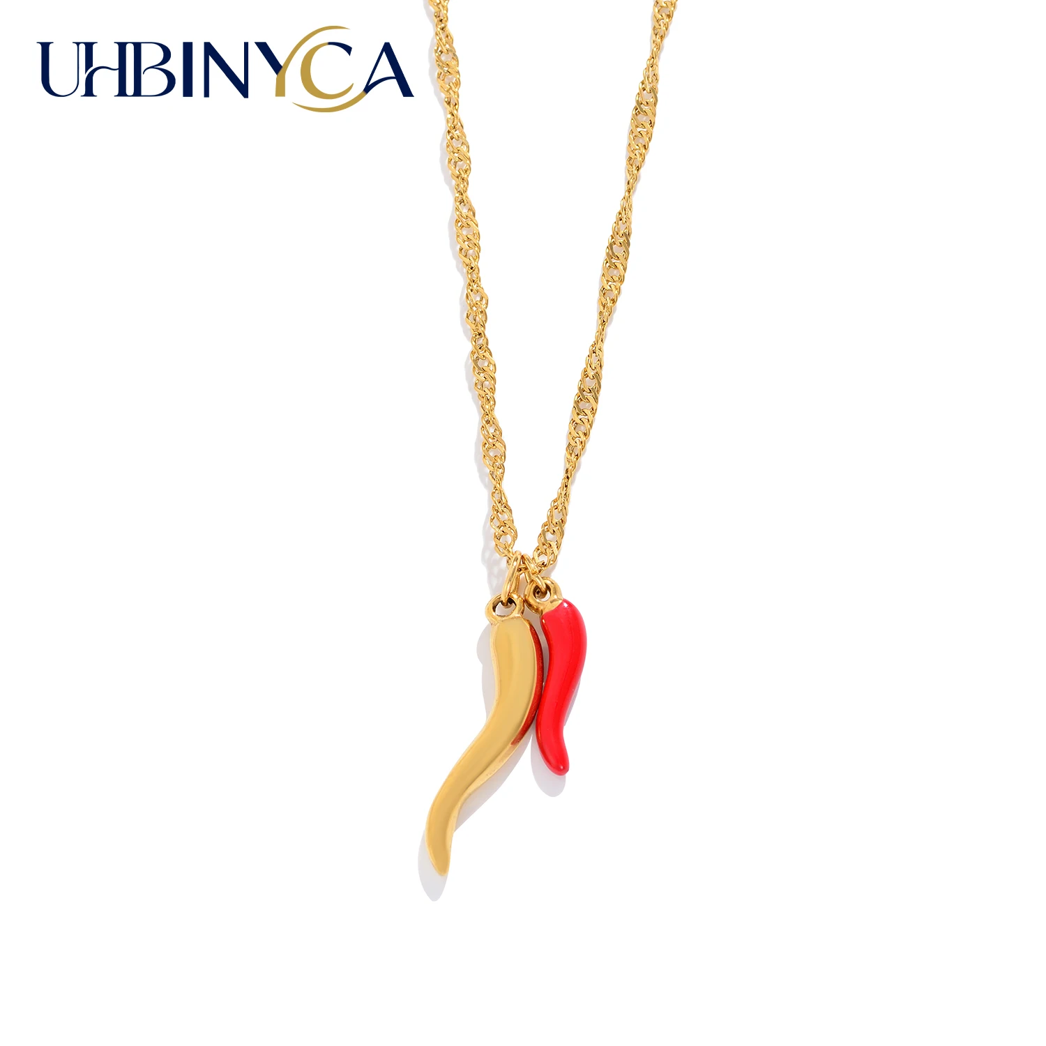 Collar con colgante de pimiento de la suerte, talismán con dije rojo y dorado para mujer, regalo de joyería único de acero inoxidable chapado en oro de 18 quilates