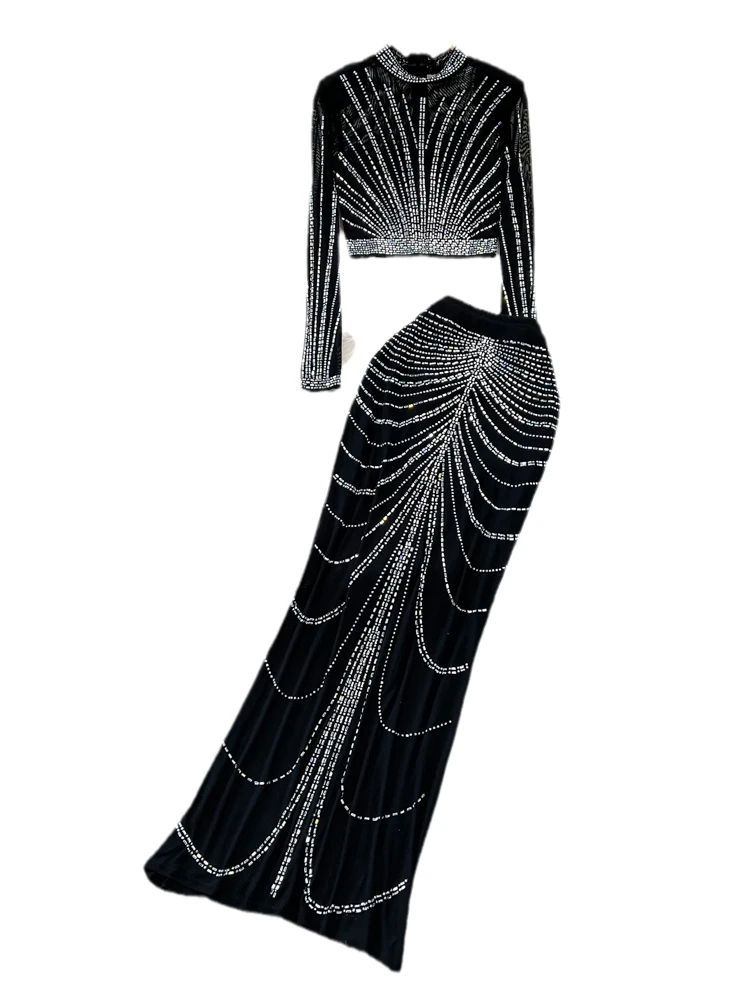 

Faionable Diamond Embedded High Waist Slim Fit Me Top And Skirt Set Ele Stand Collar Two Piece Ensemble for Young Women