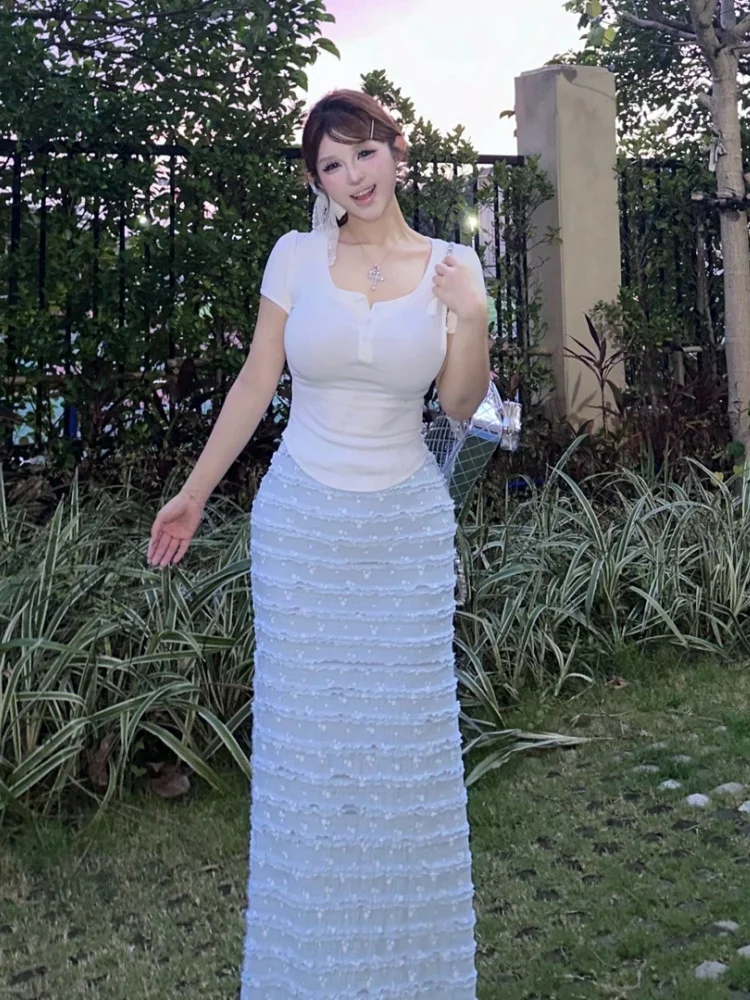 

Нежная синяя юбка с цветочным принтом, женская длинная юбка с кружевной отделкой и хвостом, осенняя новинка, дизайн с высокой талией, повседневная юбка с высокой талией