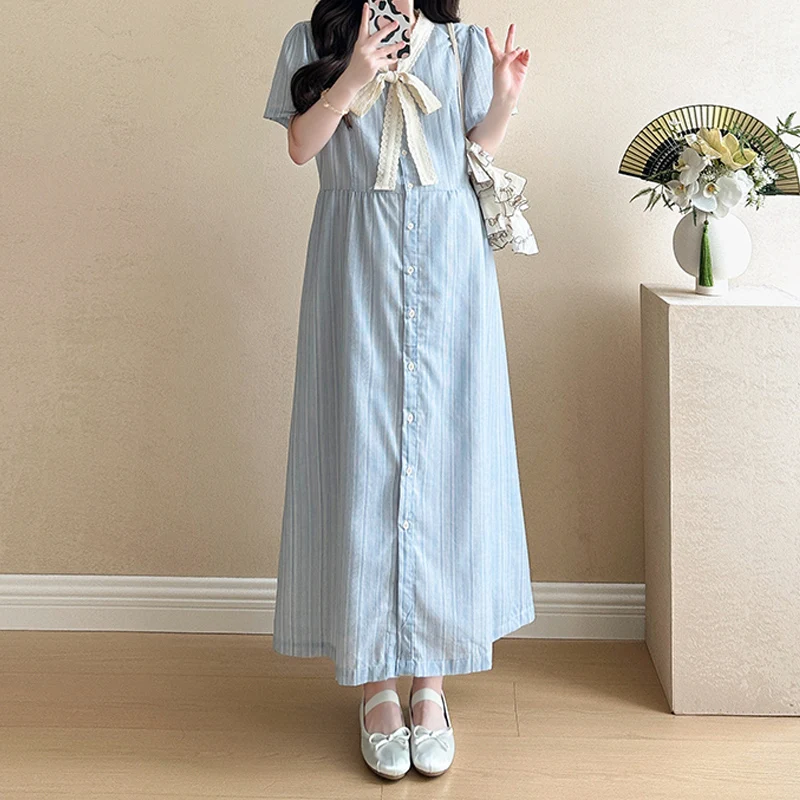 

EVNISI Pregnancy Dresses Stripe V-neck Bow Plus Size Button Long Maternity Short Sleeved Dress Fashion New
