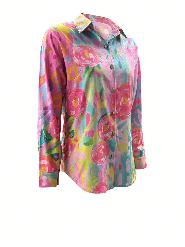 

Большие размеры 2025, новая женская повседневная рубашка на пуговицах с цветочным принтом, модная модная полиэстеровая рубашка, лучший выбор на весну и лето