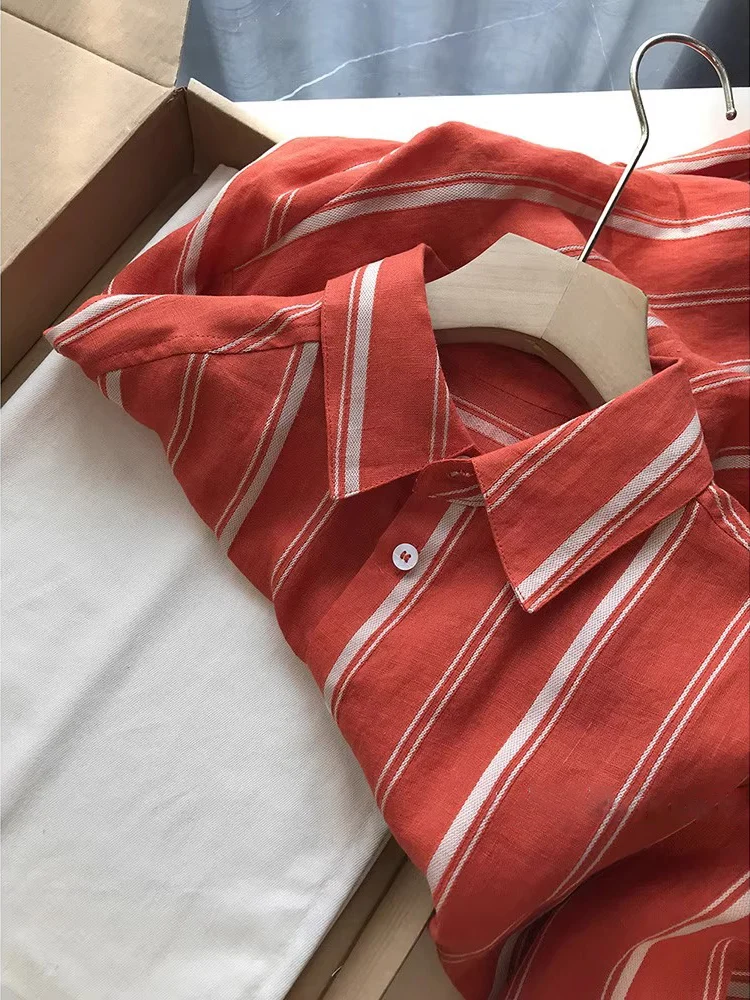 

Корейский Sle Ретро полосатый льняной солнцезащитный костюм irt Jaet женский летний свободный топ с длинным воротником све стандартной посадки