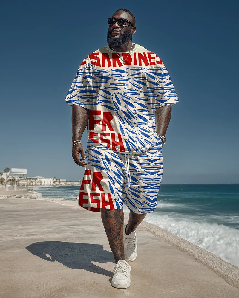 

9XL Plus Size Men's Retro Sardine Fish Graphic T-Shirt & Shorts Set - Soft Breathable Vintage Outfit