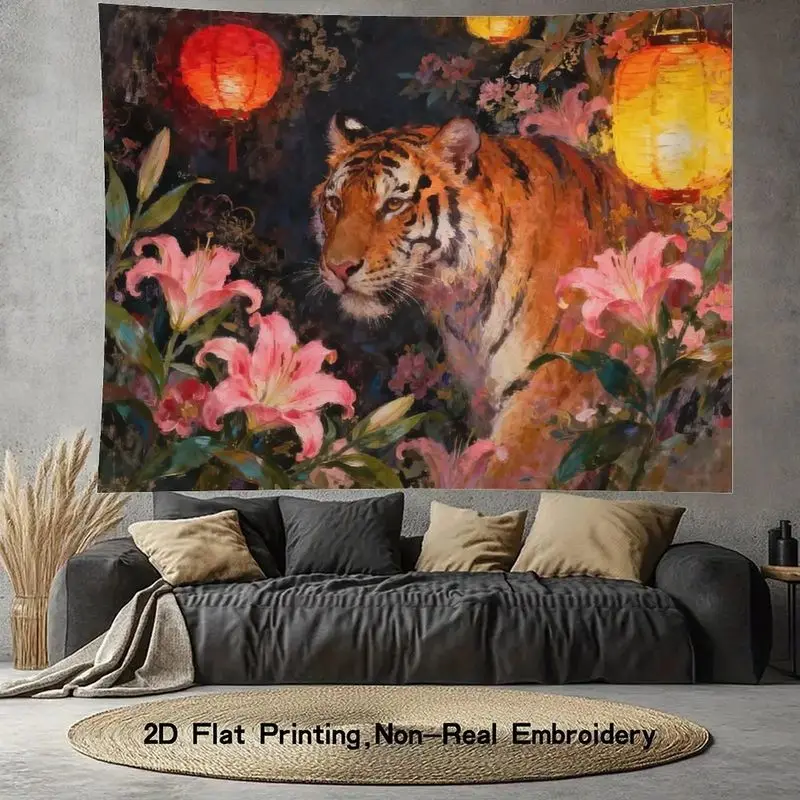 VIKAMA Tiger Lantern Lily Flower Oil Wall Tapestry Dark Background Red Yellow Lamp Pink Lotus Wild Cat Oriental Painting Bedroom