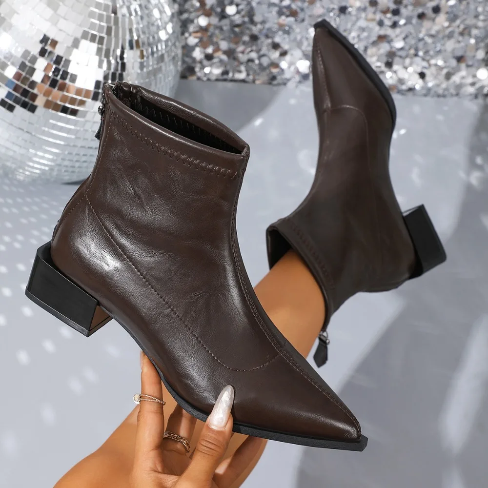 Retro Ankle Boots Women Chunky Mid Heels Shoes Woman Pointed Toe Trend Winter Chelsea Boots Ladies Rear Zipper Commute Shoes