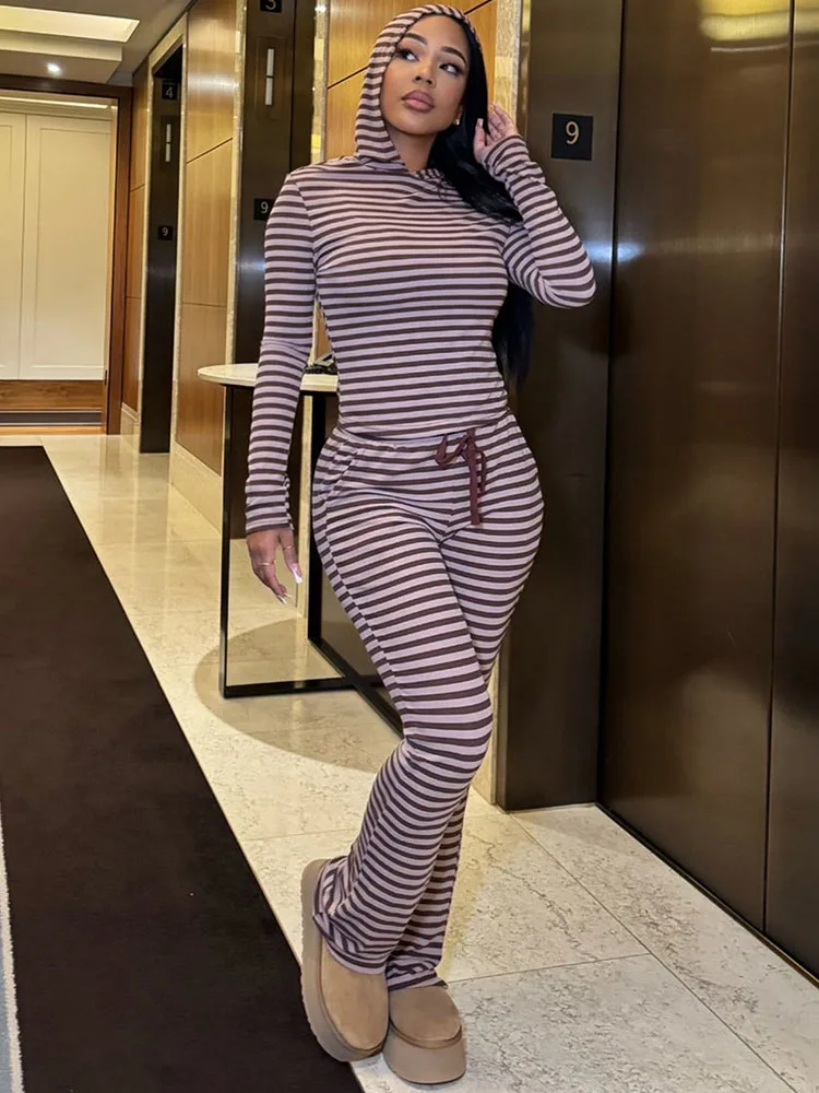 

Doyerl Striped Casual Sweatsuits Women Two Piece Set Sports Fitness Long Sleeve Hooded Sweatshirt and Flare Pants Matching Sets