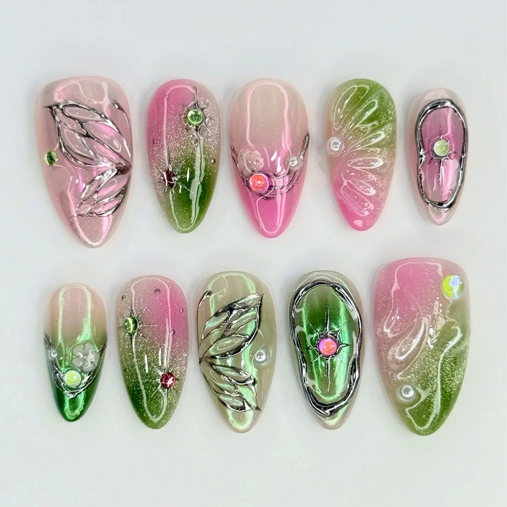 

24 шт. накладных ногтей средней длины в форме миндаля, с 3D-бабочками и цветами, розово-зеленые, с эффектом размытия и стразами, для маникюра