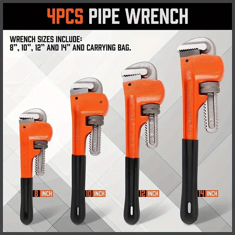 Heavy Duty Pipe Wrench Set with Soft Grip Handles, Adjustable 8\