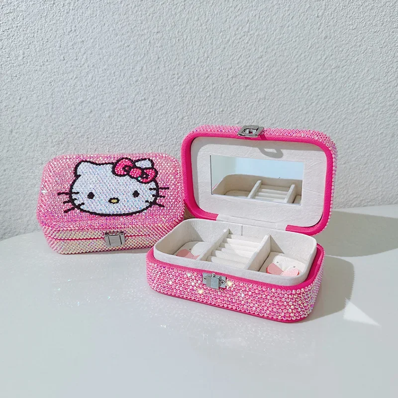 Kawaii Sanrio Cartoon Hello Kitty Jewelry Box Sticking Diamond Cute High-Quality Jewelry Case Necklace Storage Box for Girl Gift