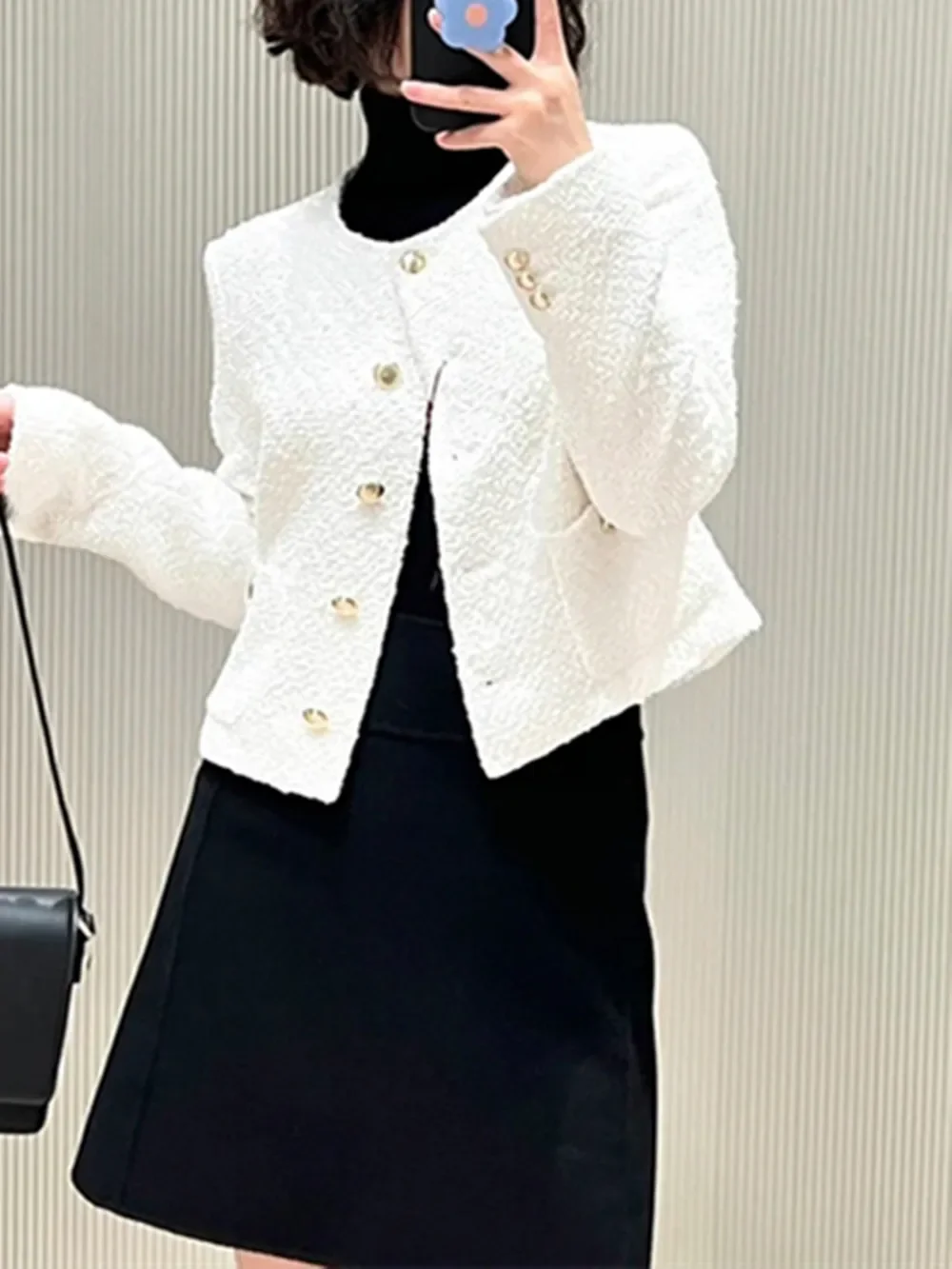 

Short Jacket for Women 2023 New Fall Tweed O-Neck Single Breasted Elegant Commuter Long Sleeve Coat