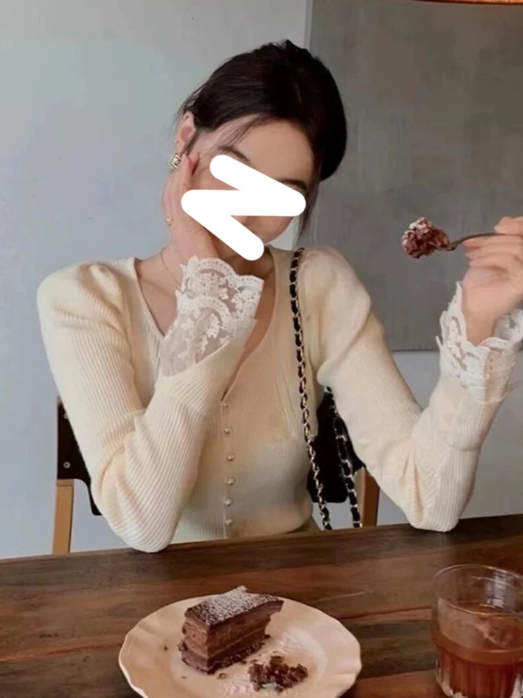 

Женский вязаный свитер с v-образным вырезом, кружевной лоскутный осенне-зимний модный стильный базовый слой irt 2024, Новое поступление, облегающий длинный длинный слэ...