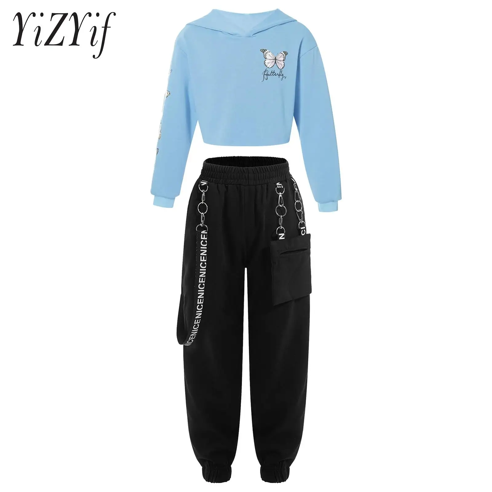 Kids Girls Long Sleeve Street Dance Outfit Hooded Butterfly Print Cropped Sweatshirt Tops with Chain Pocket Sweatpants Dancewear