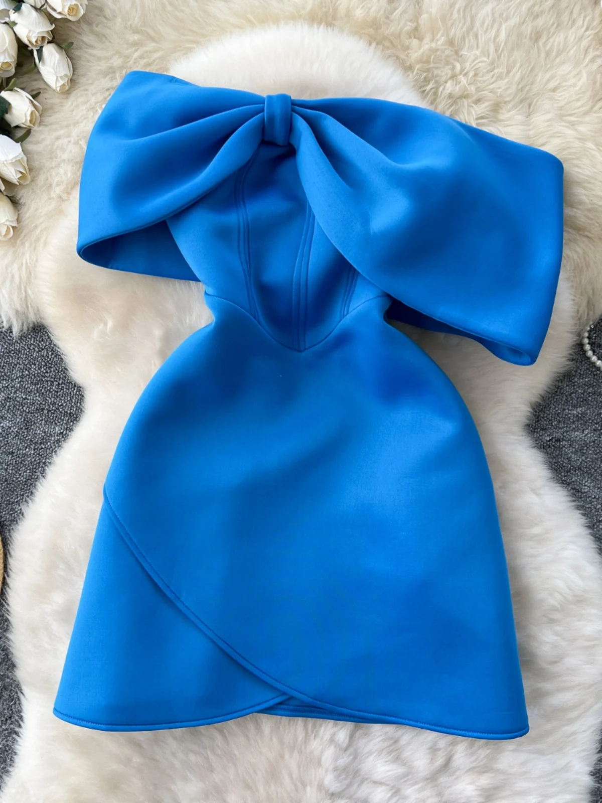 Ele  Knot Design Women's Par Dr High Waist A-Line Skirt Slimming Gown Korean Sle Long Sve Mid-Length