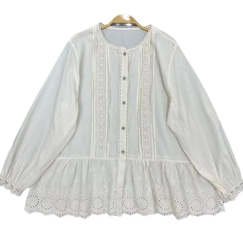 JOHNMOB-Chemise à manches longues brodée en coton pour femme, chemisier à volants doux, Mori Girl, japonais, nouveau, adt, début du printemps, 2024