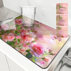 Large Kitchen Absorbent Mat Flowers Roses Antiskid Draining Coffee Dish Drying Mat Quick  Bathroom Drain Pad Tableware Mat