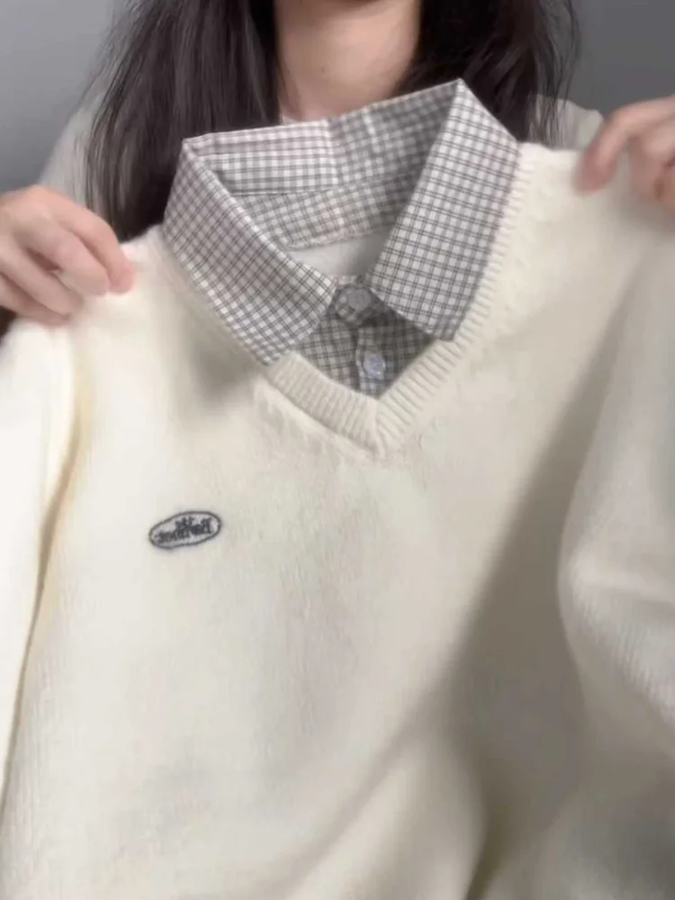 

Корейский шик: мягкий свитер в стиле колледж, повседневный, универсальный, вязаный, имитация двухслойного, длинный, теплый, зимний, модный