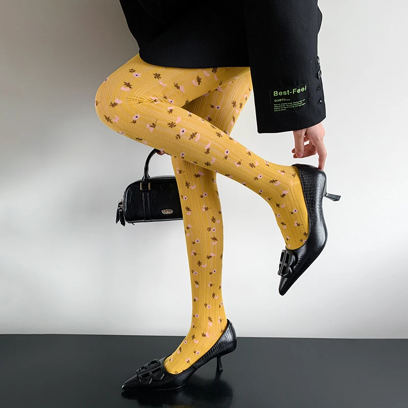 Women Floral Print Pantyhose Retro Vertical Texture Tights, Elegant Full Length Hosiery for Daily Party Dress Matching