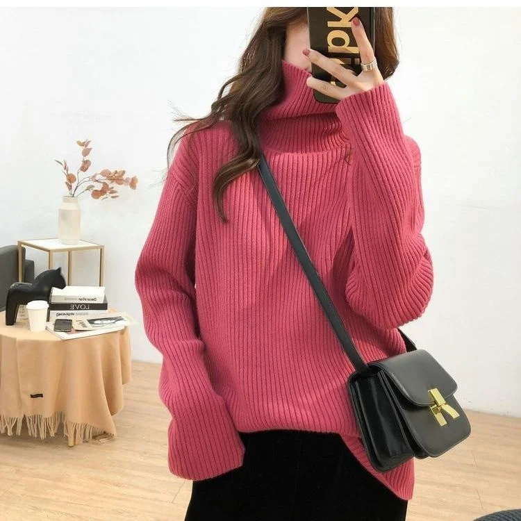 Autumn Winter High Neck Pullovers Knitting Casual Long Sleeve Vertical Striped Elasticity Bottoming Tops Women's Sweater T331