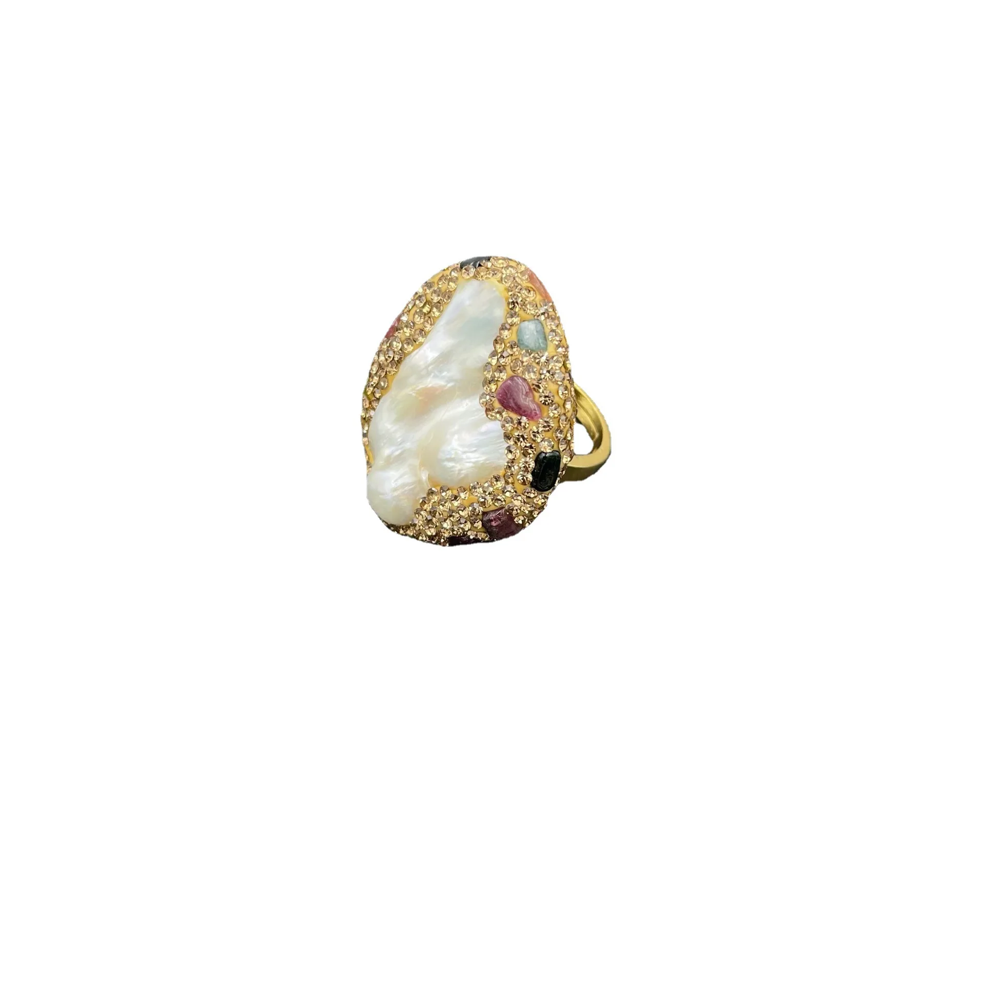 Natural Baroque Freshwater Pearl Tourmaline Gem Fashion Personality Light Luxury Point Crystal Jewelry Factory Supply Ring