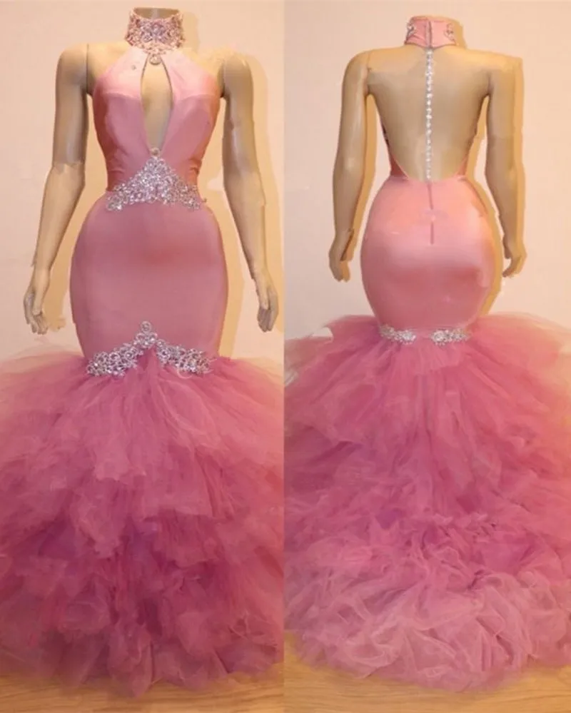 Gorgeous Pink Tulle Keyhole Prom Banquet Dress 2025 Lace Illusion Back Mermaid Formal Evening Gowns African Robes De Soirée