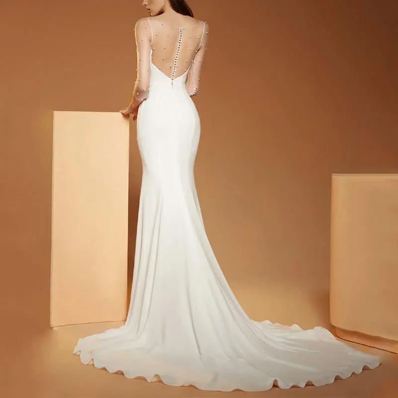 أنيقة الساتان التخسيس العروس ضوء الشاش أزياء داخلي حورية البحر نخب اللباس الخصر مقصوص قطار مأدبة ثوب