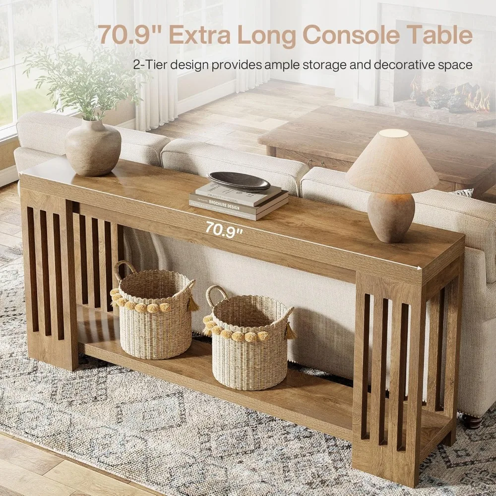 Mesa de console de entrada estilo fazenda longa de 70,9 polegadas com design de duas camadas e pernas de listra vertical