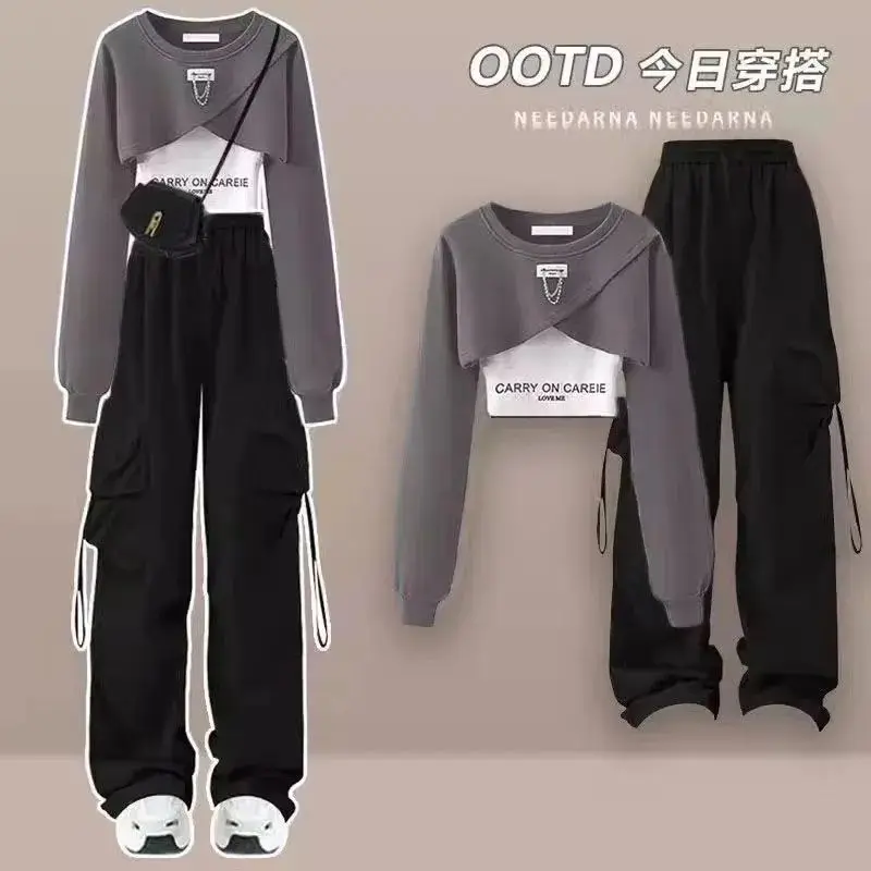 Conjunto de mujer primavera y otoño Edición coreana Top de manga larga con camiseta sin mangas en capas + pantalones vaqueros perforados conjunto de