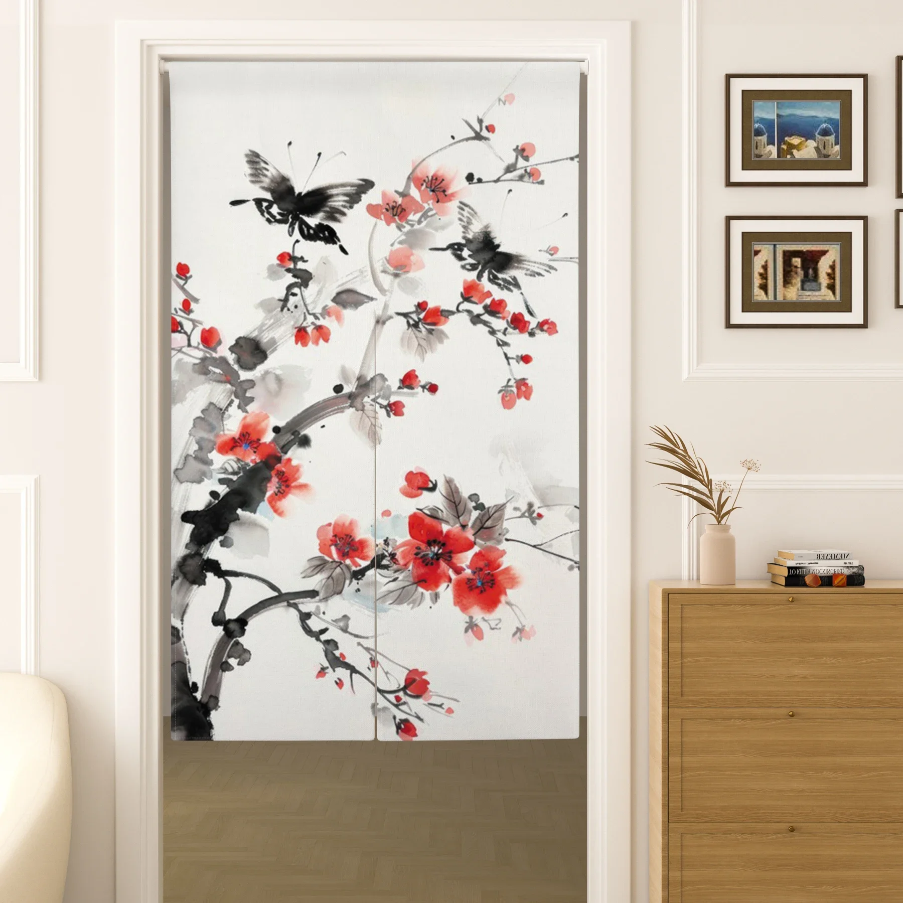 

japanese cherry blossom bird kanagawa wave noren door curtain linen half panel home decor Enhance spatial aesthetics non-toxic