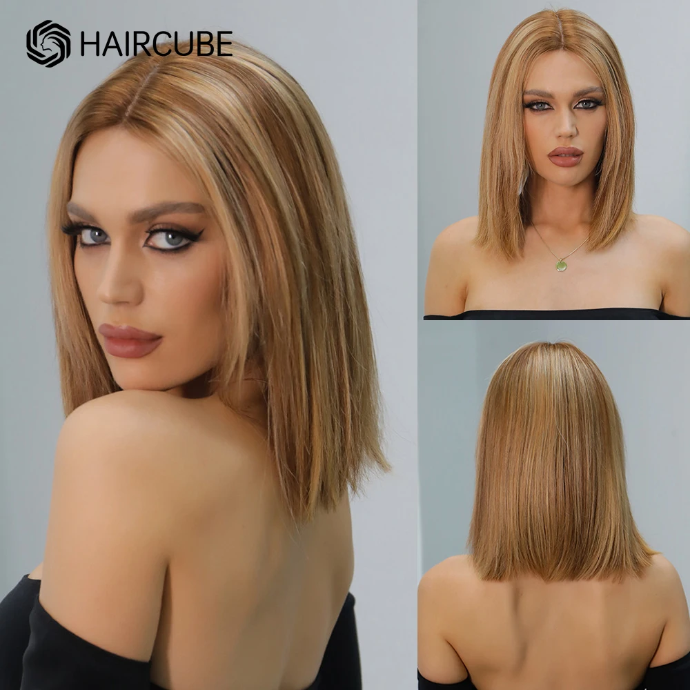 

Brown Highlight Blonde Bob Human Hair Wigs Middle Parting 13x1 Lace Frontal Wigs for Women Straight Bob Remy Human Hair Wig