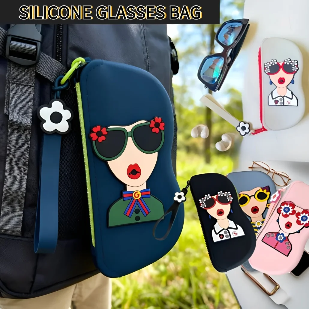 1 Stück Trendige Cartoon-Damen-Brillenhülle mit Blumen-Charm, Cartoon-Blumen-Brillenetui mit Tuch, Schwarzes Neopren-Brillenetui, Niedliche Aufbewahrungstasche