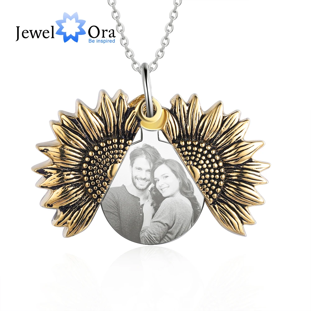 JewelOra Personalized Sunflower Photo Necklace Customized Name Engraved Locket Pendants for Women Christmas Anniversary Gift