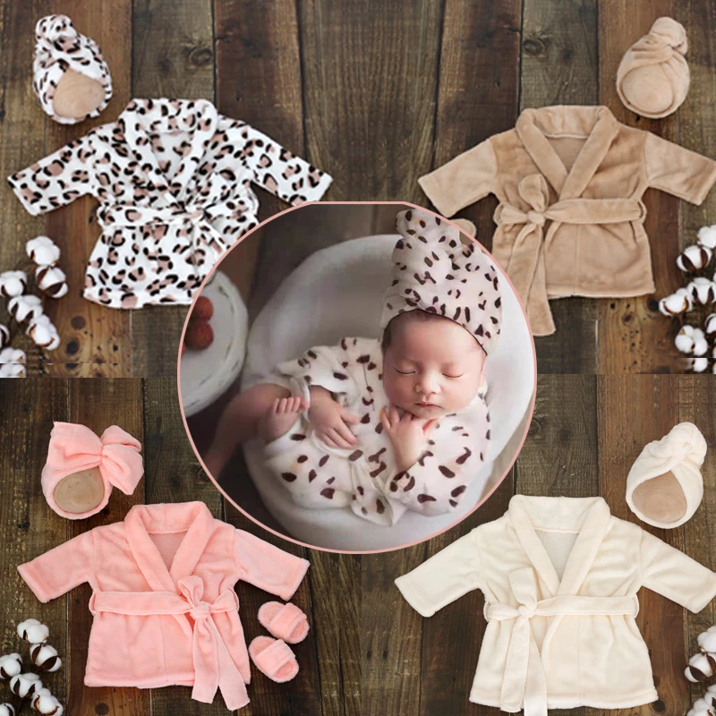 Newborn Baby Bathrobe Photo Shoot Clothing Soft Fleece Robe Headscarf Shoes Outfits Infant Boy Girl Costume Towel Sets Leopard