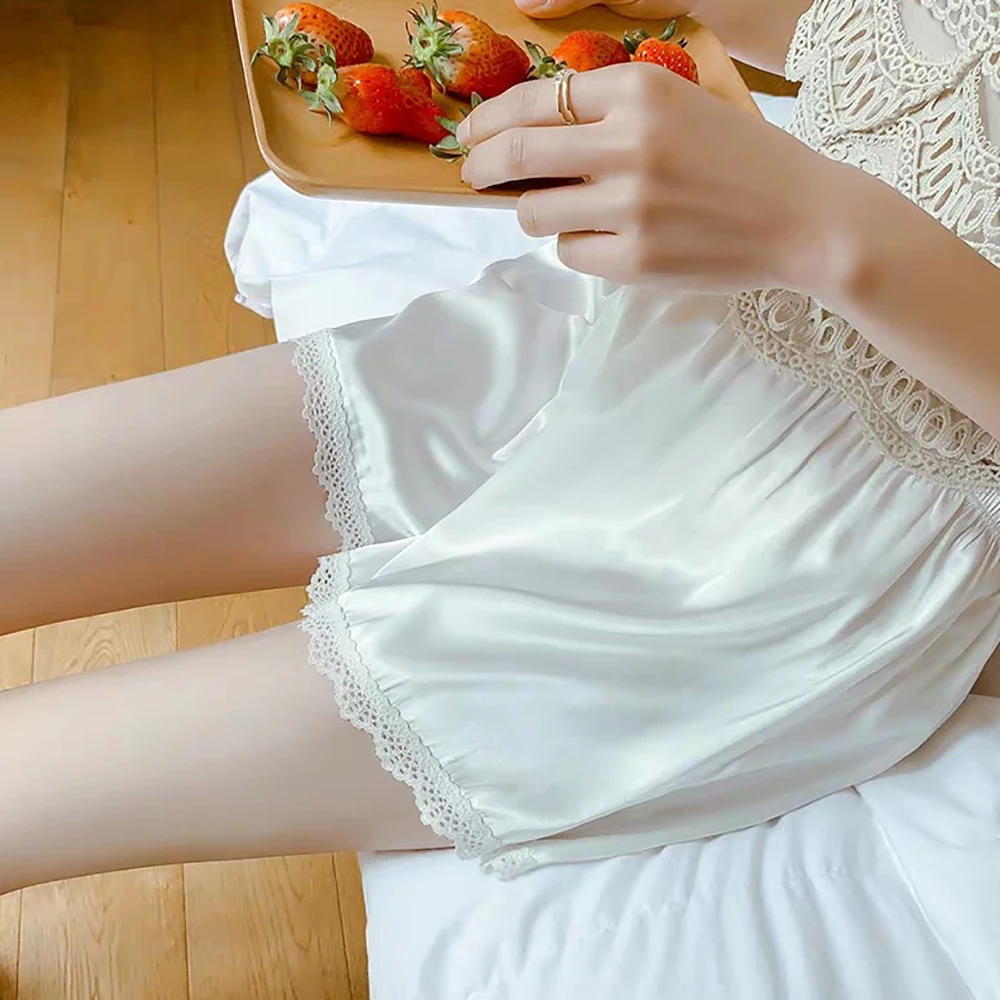 مريحة رقيقة الساتان النساء فتاة مرونة الخصر الربيع سلامة السراويل السراويل الدانتيل المرأة المؤخرات الملاكم سراويل