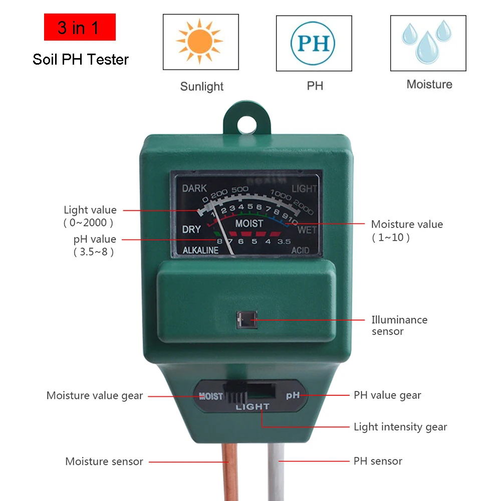 3 in 1 Soil Moisture Sensor Meter Soil pH Tester PH Light Moisture Acidity Tester Humidimetre Meter Detector for Plant