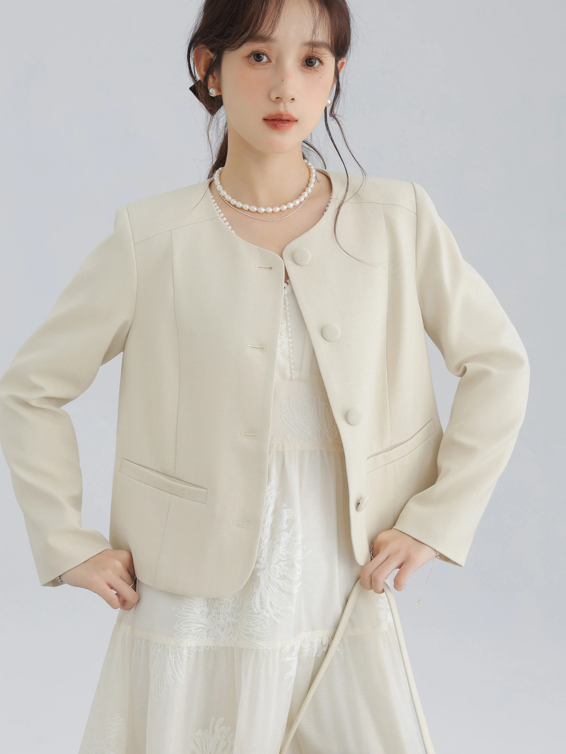 Elegant Chic Slim Short Blazer Jacket Women Round Neck Small Fragrance Style Outerwear Autumn Office Casual Outfit for Ladies