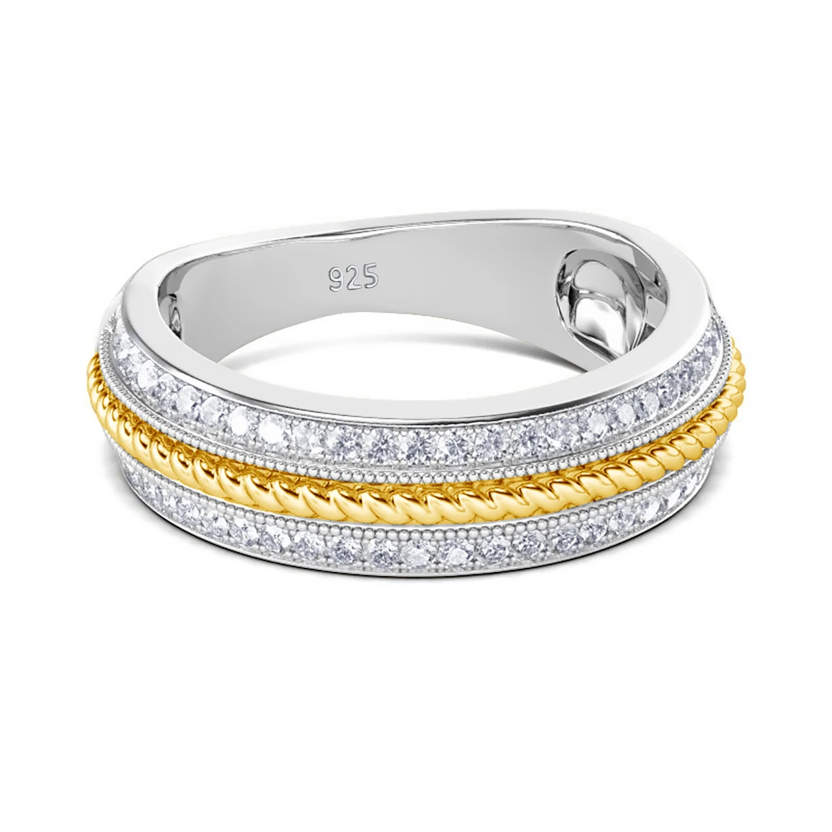 Two-tone 925 Sterling Silver Moissanite Eternity Band Ring for Women 1.5mm Round Cut Wedding Band Twisted Rope Statement Ring 