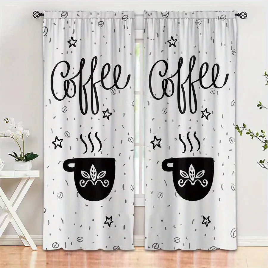 Simple Coffee Cup Window Curtain 2 Panels, Black Line Mug Coffee Bean Star Cursive Print White Background Kitchen Decor Curtain