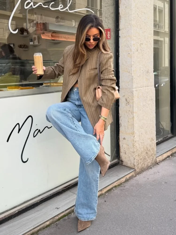 Minimalist Striped Oversized Blazer Asymmetrical Button Khaki Closure Tailored Lapel Collar Structured Coat Urban Fashion Outfit