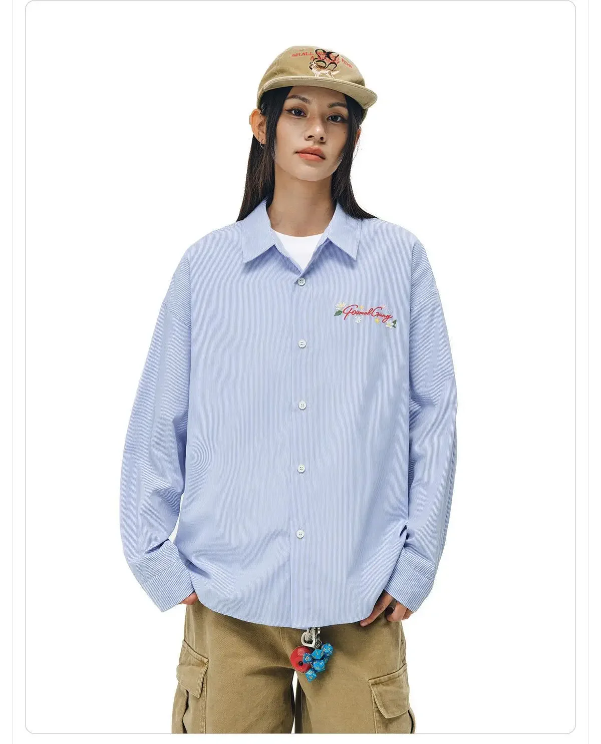 Coreano na moda marca bordado floral gráfico camisas oversized manga longa turn-down colarinho blusas luz azul estética casual