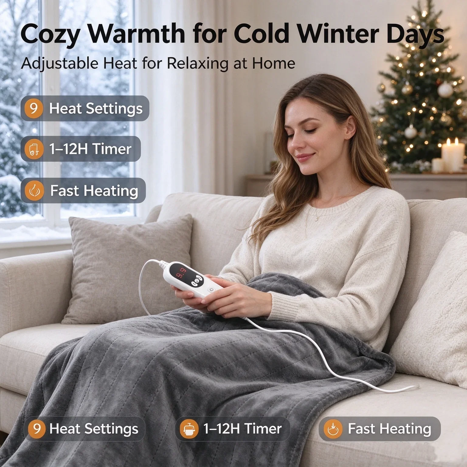 Luxury Fleece Electric Heated Blanket for Sofa Bed with 9 Heat Settings, Fast Heat-up heated throw blanket  for sofa home office