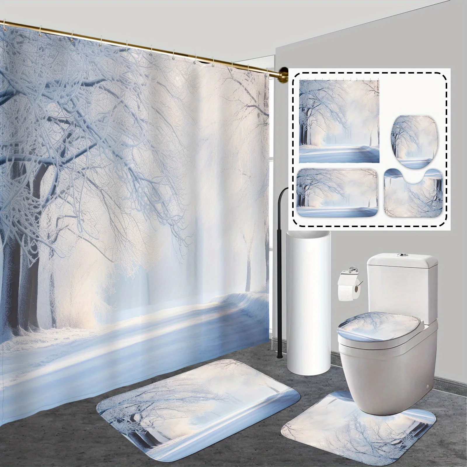 

Зимний набор для душа из сосны из 4 предметов — занавеска на рождественскую тематику + 3 нескользящие коврика с 12 крючками, декор из полиэстера