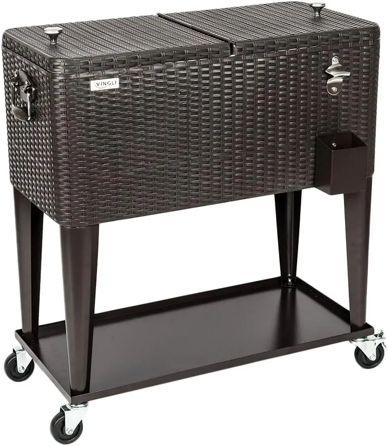 Rolling Ice Chest on Wheels, Portable Patio Party Bar Drink Cooler Cart, Wicker PP Rattan with Shelf, Beverage P